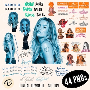 Pode incluir: Uma coleção digital de 44 arquivos PNG com ilustrações de Karol G, incluindo personagens em estilo chibi, retratos e gráficos de texto como Nasty, Fatty, Fácil e No me arrepiento de sentir tanto, apresentados em várias cores e estilos.