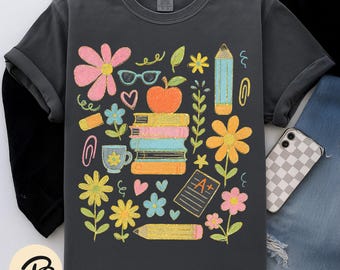 Boho Floral Teacher PNG, Retro Preppy Teacher Sublimation, Last Day of School Wildflower Clipart, Teacher Appreciation Gift, Cute A+ PNG