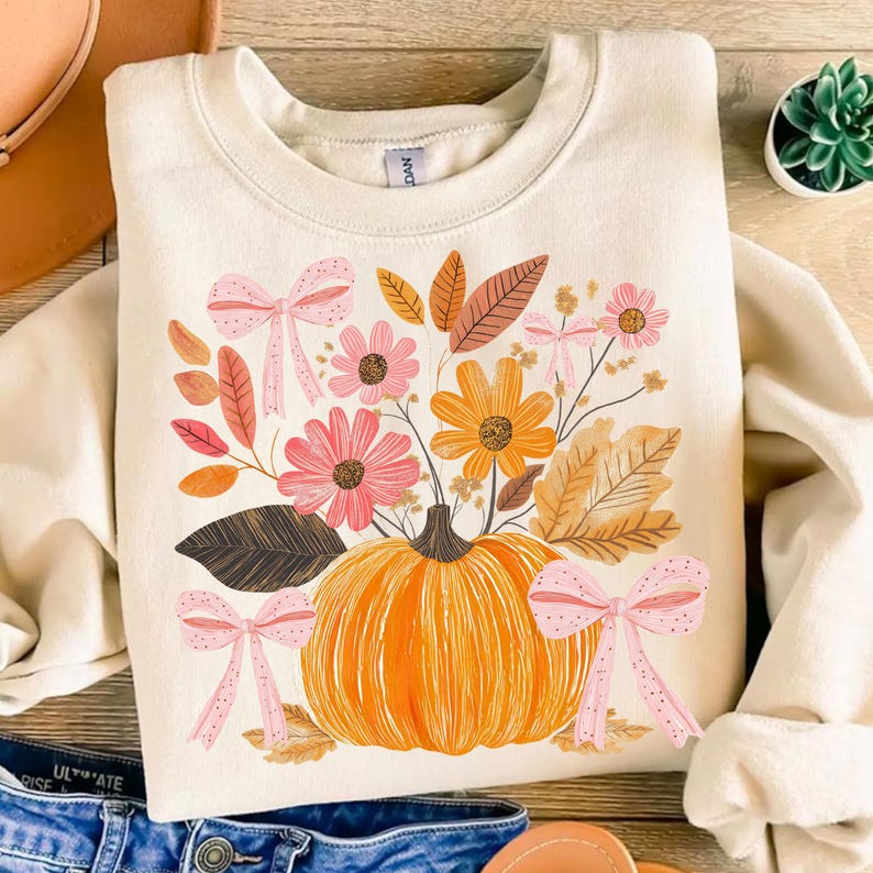 May include: Cream-colored sweatshirt featuring a vibrant fall-themed graphic. The design includes an orange pumpkin, pink and yellow flowers, brown leaves, and pink bows. A cozy and festive apparel item.