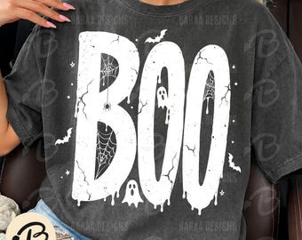 BOO Halloween Png and Svg, Distressed Ghost Typography with Bats and Spiderwebs, Halloween SVG and PNG,  Cricut Cut File