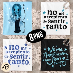 Puede incluir: Una colección de cuatro camisetas con el texto en español 'no me arrepiento de sentir tanto'. Una camiseta es azul claro con un personaje de dibujos animados, una es blanca con texto negro, una es blanca con texto azul brillante y una es negra con texto azul claro brillante.