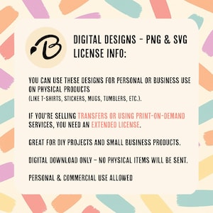 May include: Cream-colored graphic with text about digital designs, PNG and SVG files, and licensing information. The text includes details on personal and commercial use, and the use of the designs on physical products like t-shirts and stickers.
