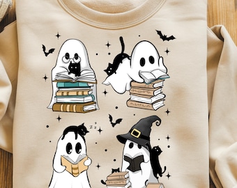 Gato fantasma lindo PNG, libro de lectura PNG, Halloween retro PNG, fantasma de libros, fantasmal de libros PNG, gato negro y libro PNG, espeluznante