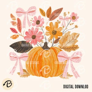 May include: A digital illustration featuring a large orange pumpkin surrounded by pink and orange flowers, leaves, and bows. The design has a watercolor style with a soft, warm color palette. The words "DIGITAL DOWNLOAD" are at the bottom.