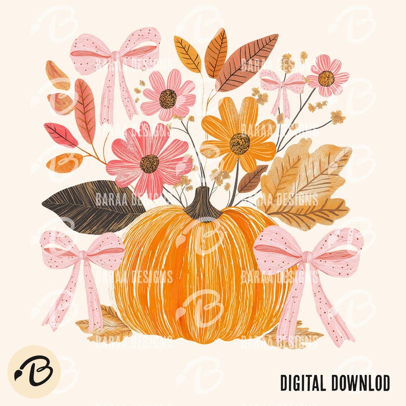 May include: A digital illustration featuring a large orange pumpkin surrounded by pink and orange flowers, leaves, and bows. The design has a watercolor style with a soft, warm color palette. The words "DIGITAL DOWNLOAD" are at the bottom.