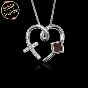 Cross with Heart Necklace - Unique Pendant with Nano Bible in Silver or Vermeil - Meaningful Christian Heart Cross Necklace for Women