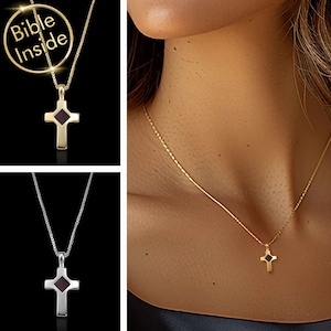 Cross Pendant Necklace Dainty Religious Jewelry With Holy Bible Inside Minimalist Cross Christian Faith Gift For Women Charm Blessed