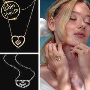 Valentines Necklace Nano Bible Heart Gift For Her Sterling Silver Christian Jewelry Holy Scripture Religious Present Love Faith Symbol