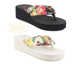 Womens Ladies Summer Platform Wedge Heel Toe Post Metallic Floral Flower Print Lightweight EVA Foam Beach Fashion Sandals Flip Flops