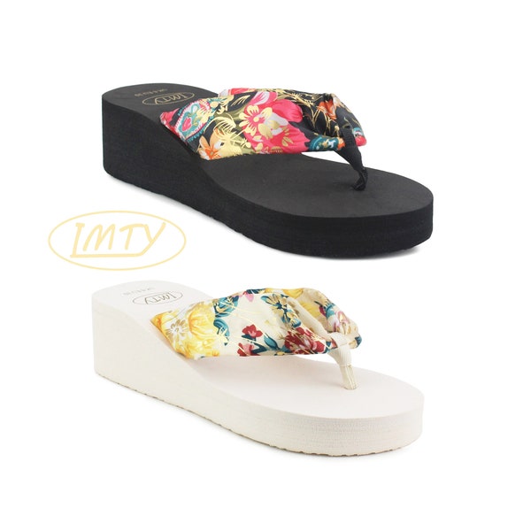 Womens Ladies Summer Platform Wedge Heel Toe Post Metallic Floral Flower Print Lightweight EVA Foam Beach Fashion Sandals Flip Flops