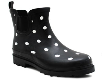 Ladies Ankle Wellies Womens Black Polka Dot Slip On Waterproof Elastic Chelsea Style Low Cut Ankle High Wellington Boots