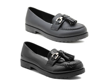 Girls Slip On School Shoes Kids Black Smart Formal Uniform Buckle Tassel Loafers Pumps