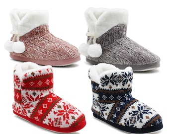 Womens Ankle Boot Slippers Knitted Fair Isle Warm Faux Fur Lined Slip On Cosy Lightweight Pom Pom Snuggle Booties