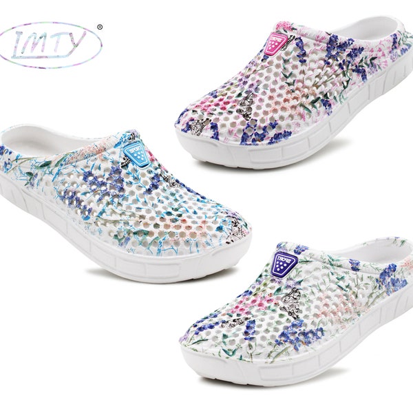 IMTY Womens Lightweight Breathable Clogs Slip On EVA Ladies Floral Pattern Summer Garden Slipper Mule Pool Shower Sandals