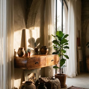 May include: A wall-mounted wooden console table with two drawers and dark metal pulls. The table holds two ceramic pots and a small plant. A tall fiddle leaf fig plant in a terracotta pot stands next to the table in a sunlit room.