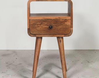 Solid Mango Wood Mid-Century Nightstand | Chestnut Bedside Table, Tapered Legs