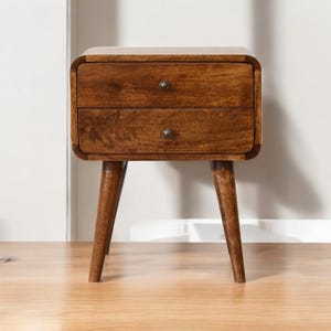 Curved Chestnut Nightstand with Nordic Style Legs - 2 Drawer Design