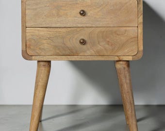 Solid Mango Wood Nightstand | Scandi Style Bedside Table with 2 Drawers