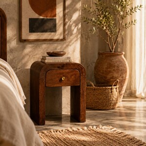 Nachttisch aus massivem Mangoholz | Geschwungener Beistelltisch im Mid-Century-Modern-Stil mit Wasserfallkante | Kleiner Nachttisch aus Kastanienholz mit Schublade