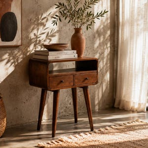 May include: A dark brown wooden nightstand featuring two small drawers with round knobs and an open storage shelf above. The piece stands on four tapered legs and is topped with two stacked books, a wooden bowl, and a terracotta vase.
