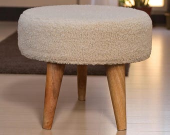 Vintage Cream Boucle Footstool with Tapered Legs
