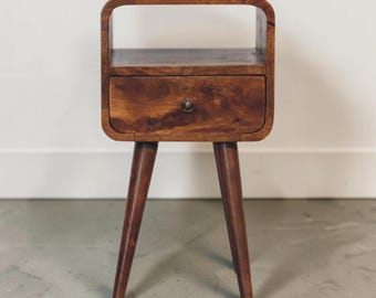 Mid-Century Freestanding Nightstand in Chestnut | Solid Wood Bedside Table with Open Shelf & Tapered Legs