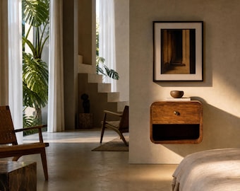Floating Nightstand | Mid Century Modern Solid Wood Wall Mounted Bedside Table with Drawer & Open Shelf