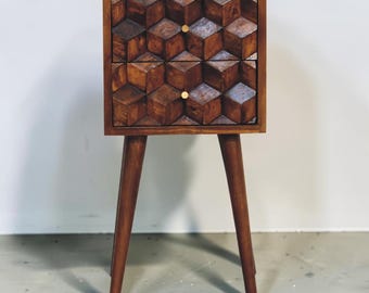 Solid Wood Geometric Carved Nightstand | Chestnut Bedside Table, Tapered Legs