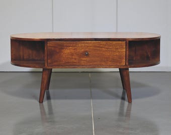 Chestnut Oval Mango Wood Coffee Table with 2 Drawers & Open Storage