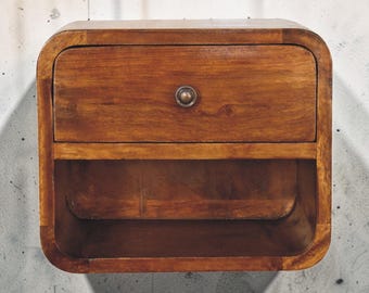 Floating Wall-Mounted Nightstand in Chestnut | Solid Wood Bedside Table with Drawer & Open Shelf