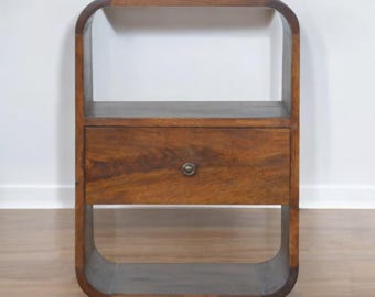 Chestnut Wood Curved Nightstand - Mid Century Bedside Table with Storage