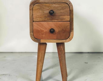 Solid Wood Nightstand, Two-Tone Natural Chestnut, 2 Drawers, Tapered Legs