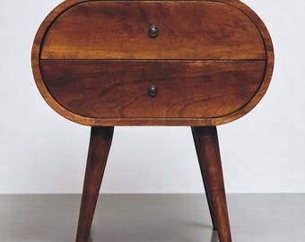 Retro Chestnut Large Oval Nightstand with Dual Drawers