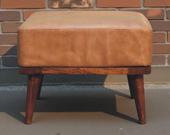Vintage Buffalo Leather Footstool with Solid Mango Wood Nordic Legs