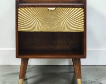 Art Deco Solid Walnut Nightstand | Gold Sunburst Drawer, Open Shelf Bedside Table