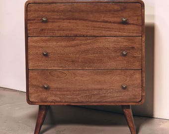 Mid-Century Solid Mango Wood 3-Drawer Chest | Brass Knobs, Tapered Legs
