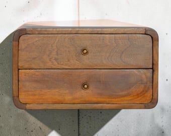 Floating Wall-Mounted Nightstand in Chestnut | Solid Wood Bedside Table with 2 Drawers