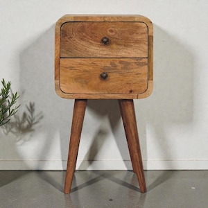 Mini Oak-ish Curved Nightstand – Solid Mango Wood Bedside Table