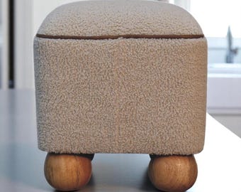 Vintage Boucle Fabric Footstool with Solid Wood Ball Feet