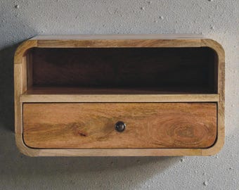 Mid Century Large Oak-ish Curved Floating Nightstand