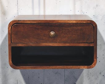 Floating Wall-Mounted Nightstand in Chestnut | Solid Wood Bedside Table with Drawer & Open Shelf