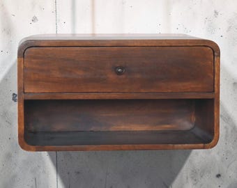 Solid Dark Walnut Floating Nightstand | Wide Wood Bedside Table with Drawer, Shelf