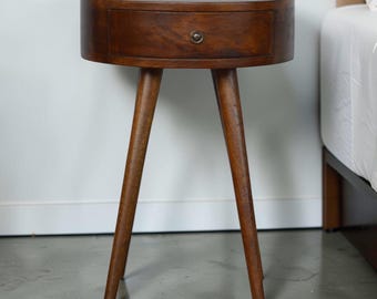 Round Drum Nightstand | Dark Walnut Solid Wood Bedside Table, Hidden Drawer, Tripod Legs