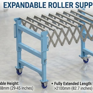 Peut inclure: Une table de support à rouleaux extensible avec un cadre en métal bleu clair et des rouleaux argentés. Le texte indique : EXPANDABLE ROLLER SUPPORT TABLE, Compact Folded Length: ~500mm, Adjustable Height: 738-1138mm, Fully Extended Length: >2100mm, DIGITAL PLANS INCLUDE: ALL STEP, DXF & PDF FILES.