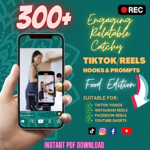 Ponad 300 haczyków TikTok, podpowiedzi TikTok, treści w mediach społecznościowych o tematyce jedzenia, wzmacniacz zaangażowania, rolki, podpisy, Instagram, YouTube