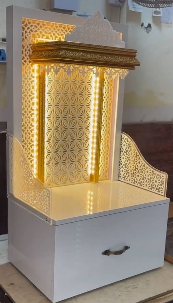 Wooden Designer Temple for Home and Office With LED Lights Puja