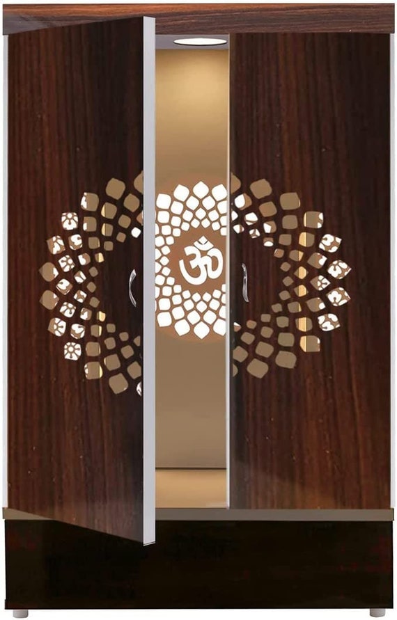Wooden Pooja Temple With Doors and Storage Cabinets With LED