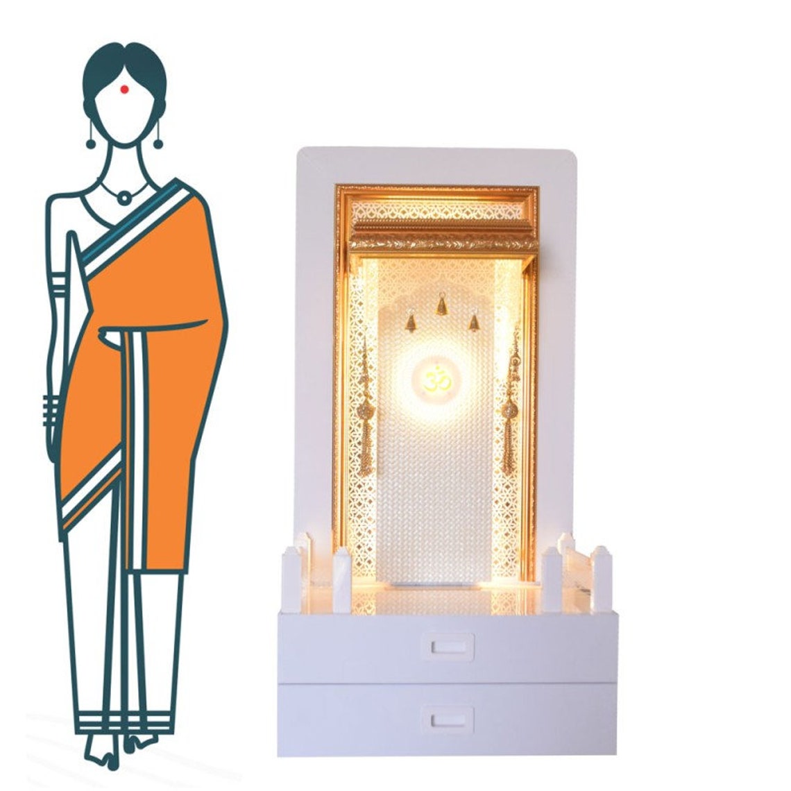 White Wooden Temple for Home With LED Lights for Home and Office Mandap