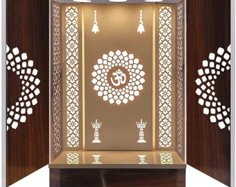 Large Puja Wooden Front Door Brown Mandir With LED / Mandir For Home & Office / Temple For Home / Pooja Ghar / Mandir With Lights /Storage