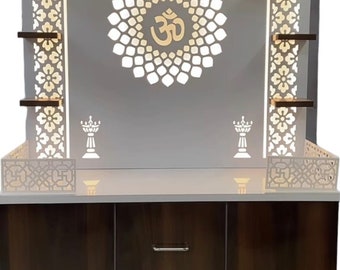 Holzschrank Designer Mandir mit LED-Leuchten / Mandir Für Zuhause & Büro / Tempel Für Zuhause / Pooja Ghar / Mandir Mit Schubladen und Aufbewahrung